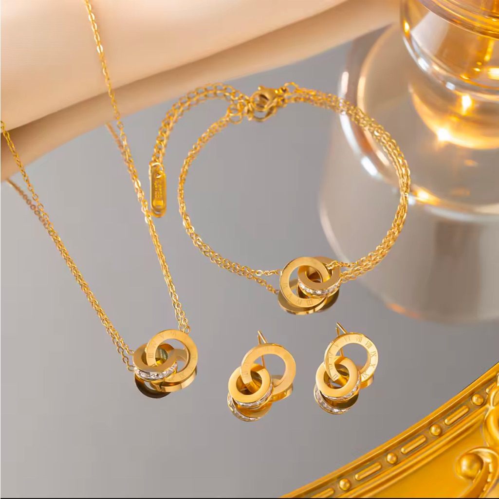 Waterproof 18k Gold Plated Diamond Roman Numeral Bracelet Necklace Earrings Waterproof 18k Gold Plated Diamond Roman Numeral Bracelet Necklace Earrings